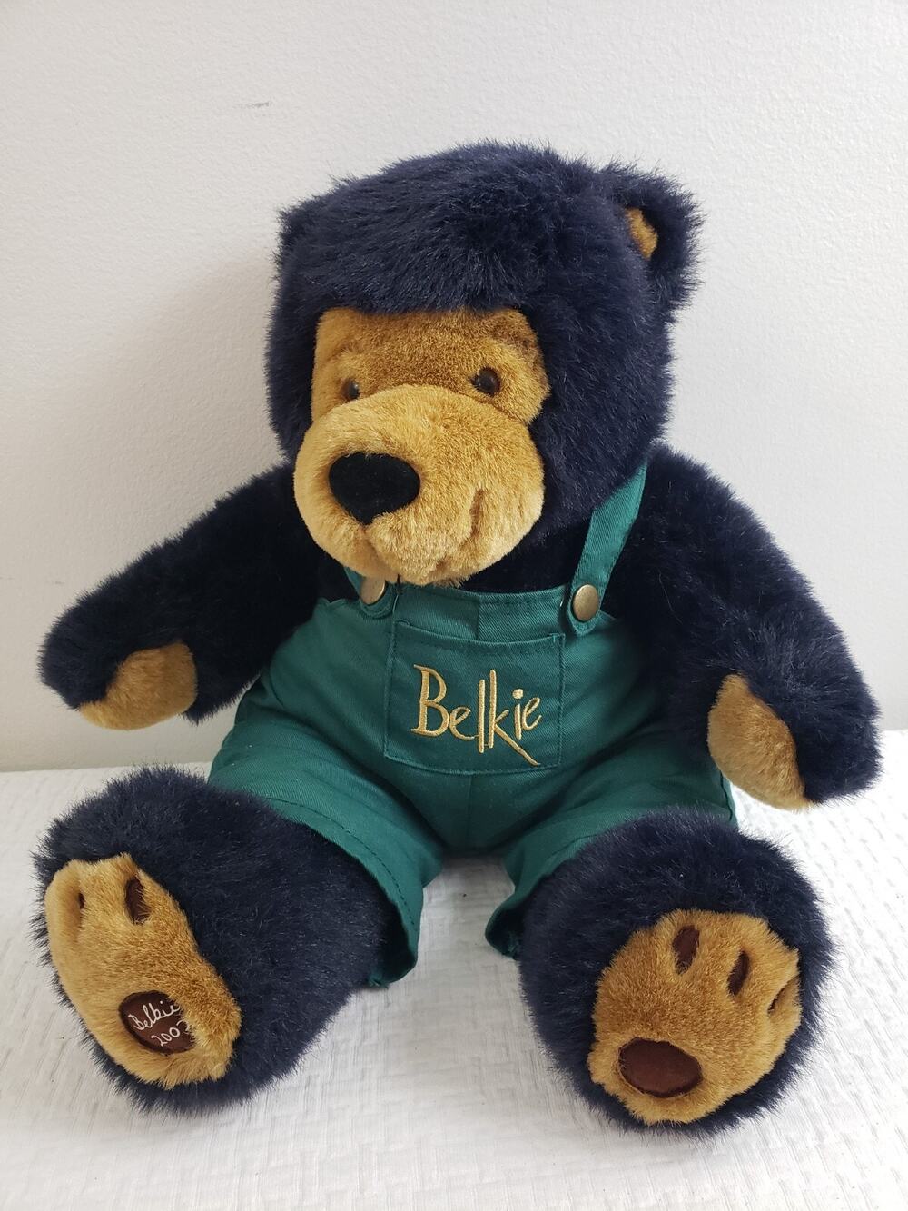 Vintage Y2K 2002 Belkie Bear Black Teddy Bear Green Overalls Plush